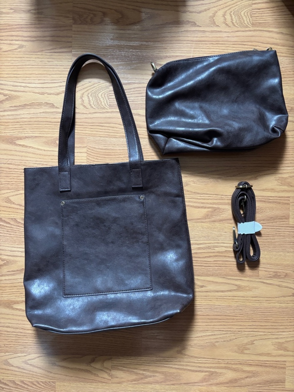 Dark Brown Leather Tote with Removable Pouch